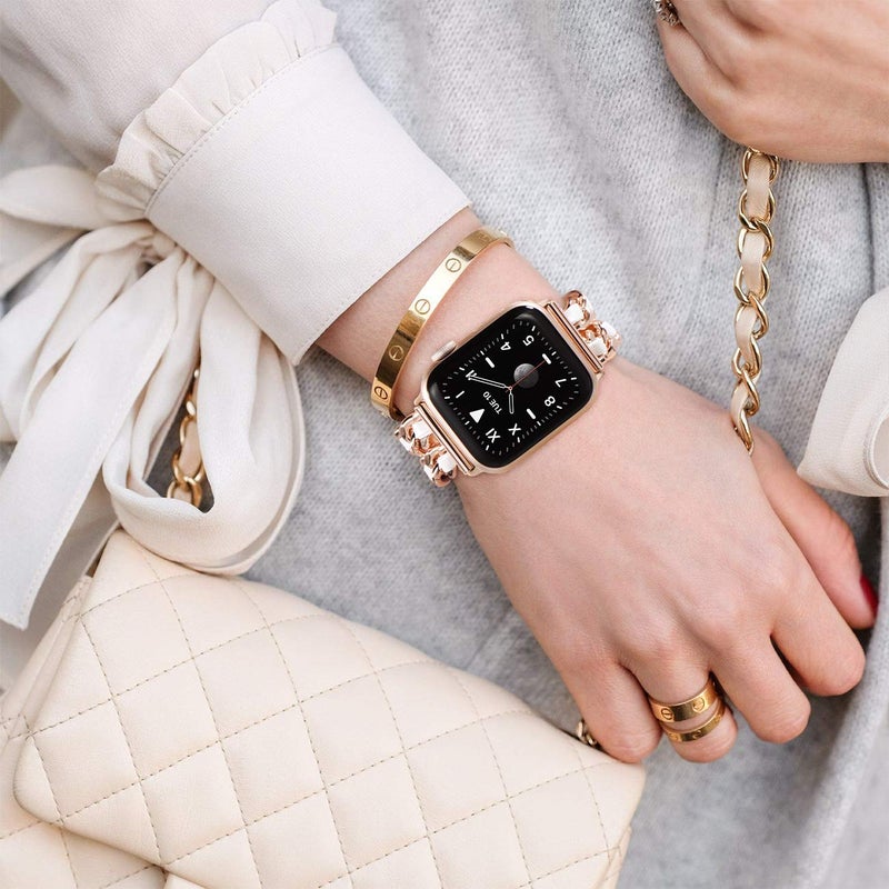 NewWays for Apple Watch Band Series 10 46mm 45mm 44mm 42mm Series3 4 5 6 7 8 9 Ultra 49mm, Jewelry Bracelet for iWatch Band for Women, Rose Gold Link with White Leather - Image 5